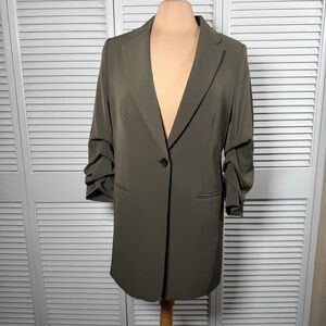 H&M Olive Longline Blazer Size S Ruched Sleeve Tailored Chic